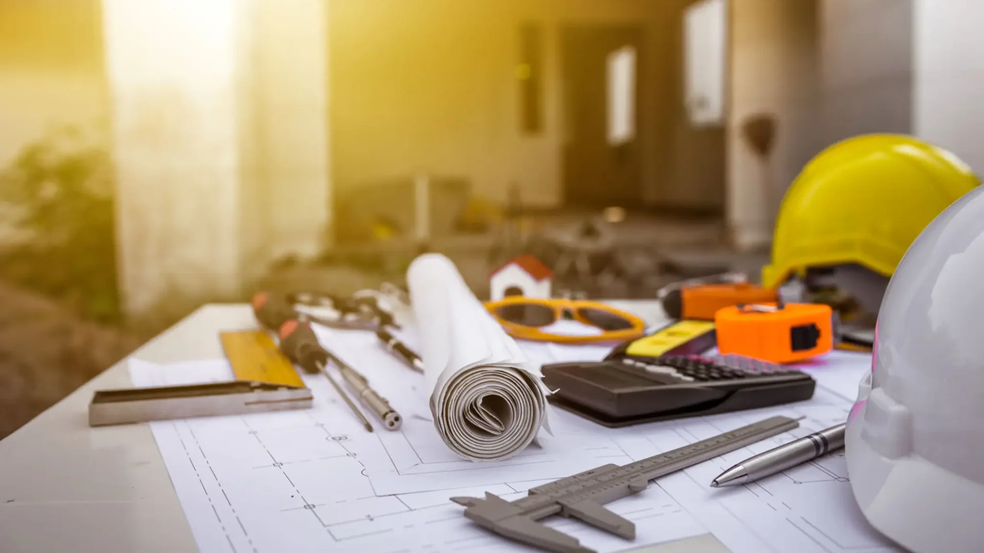 Architectural tools and blueprints on a workspace.