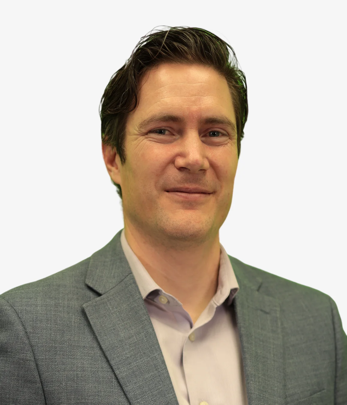 Professional man in a gray suit jacket and light purple shirt.