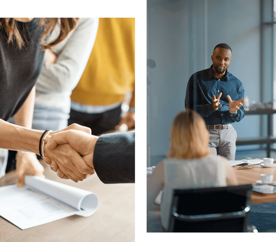 Handshake and presentation in a business meeting.