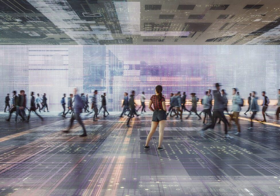 People walking in a digital cityscape.
